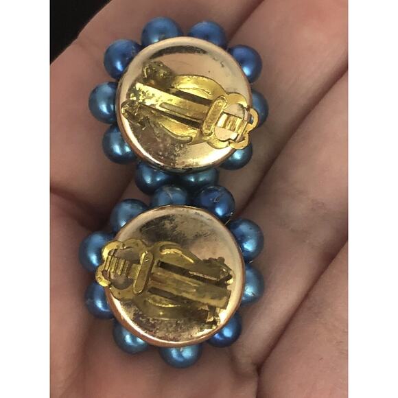 Vtg MCM 1960’s Clip On Earrings Blue Gold Beads Cluster Mid-Century Japan - Picture 6 of 6